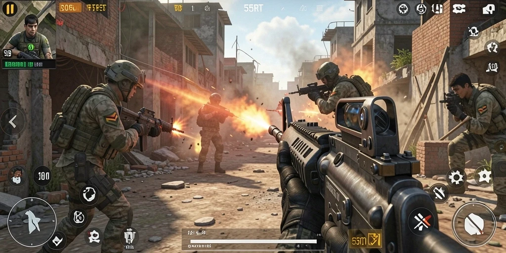 Gameplay seru dan menegangkan dalam 55RT dengan aksi FPS yang cepat.