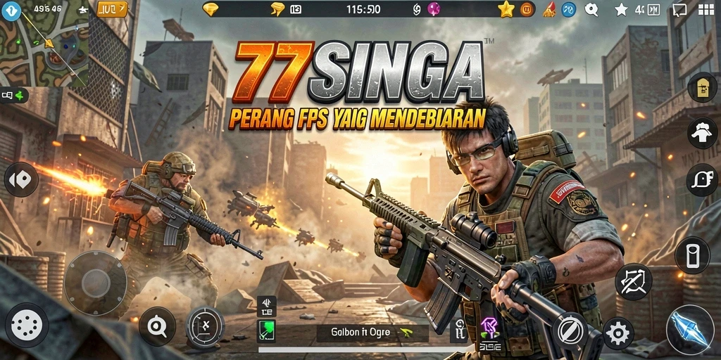 Tangkapan layar gameplay 77SINGA menunjukkan aksi menembak yang intens.