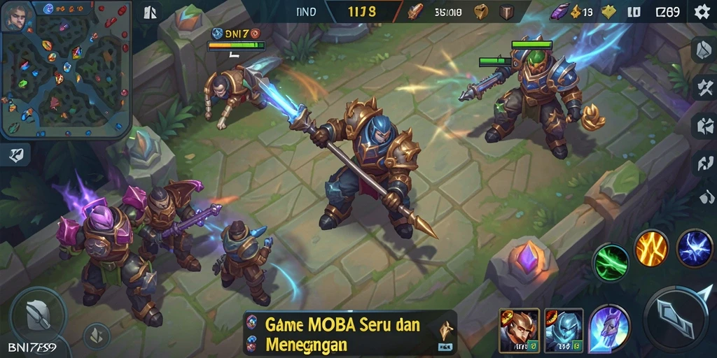 Screenshot BNI789 menunjukkan pertarungan intens di arena dengan berbagai karakter.