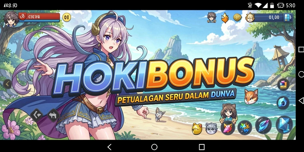 Tampilan gameplay HOKIBONUS yang penuh warna dan karakter anime yang beragam.