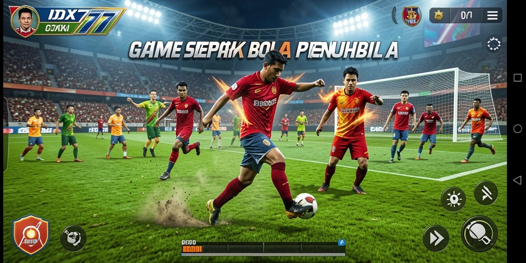 Screenshot utama gameplay sepak bola IDX777 dengan aksi dramatis.