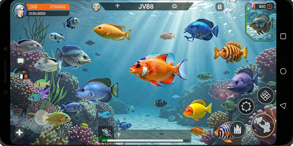 Tampilan gameplay seru JV88 dengan aksi menembak ikan.