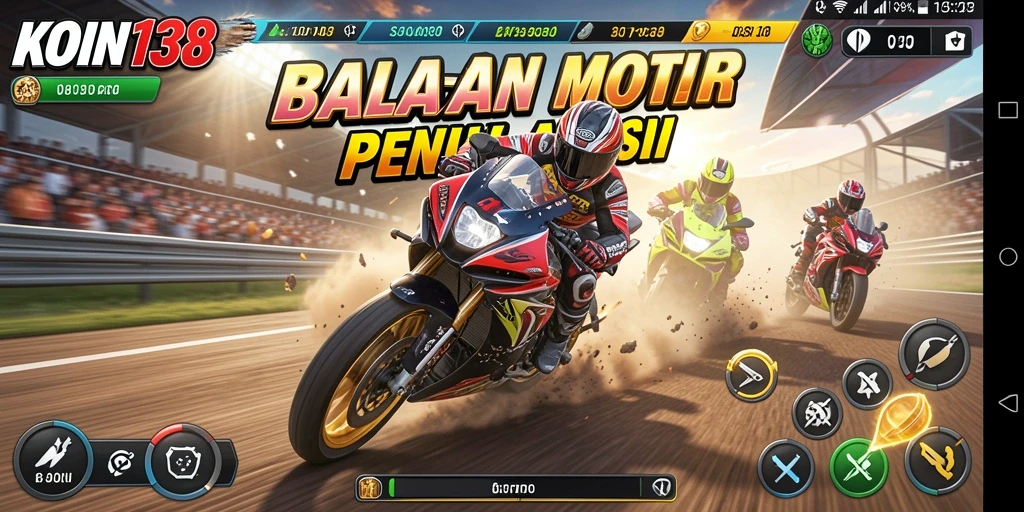 Screenshot utama KOIN138 menampilkan aksi balapan motor yang mendebarkan.