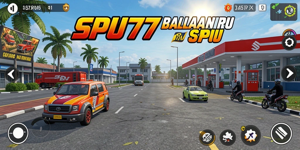 Tampilan gameplay SPBU77 dengan balapan penuh adrenalin.