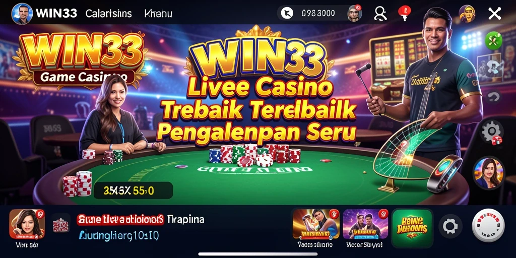 Screenshot gameplay WIN33 menampilkan dealer dan suasana kasino langsung.
